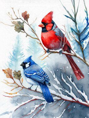 8x10 Red Cardinal & Blue Jay Snow Birds Watercolor Oil Painting Art Print